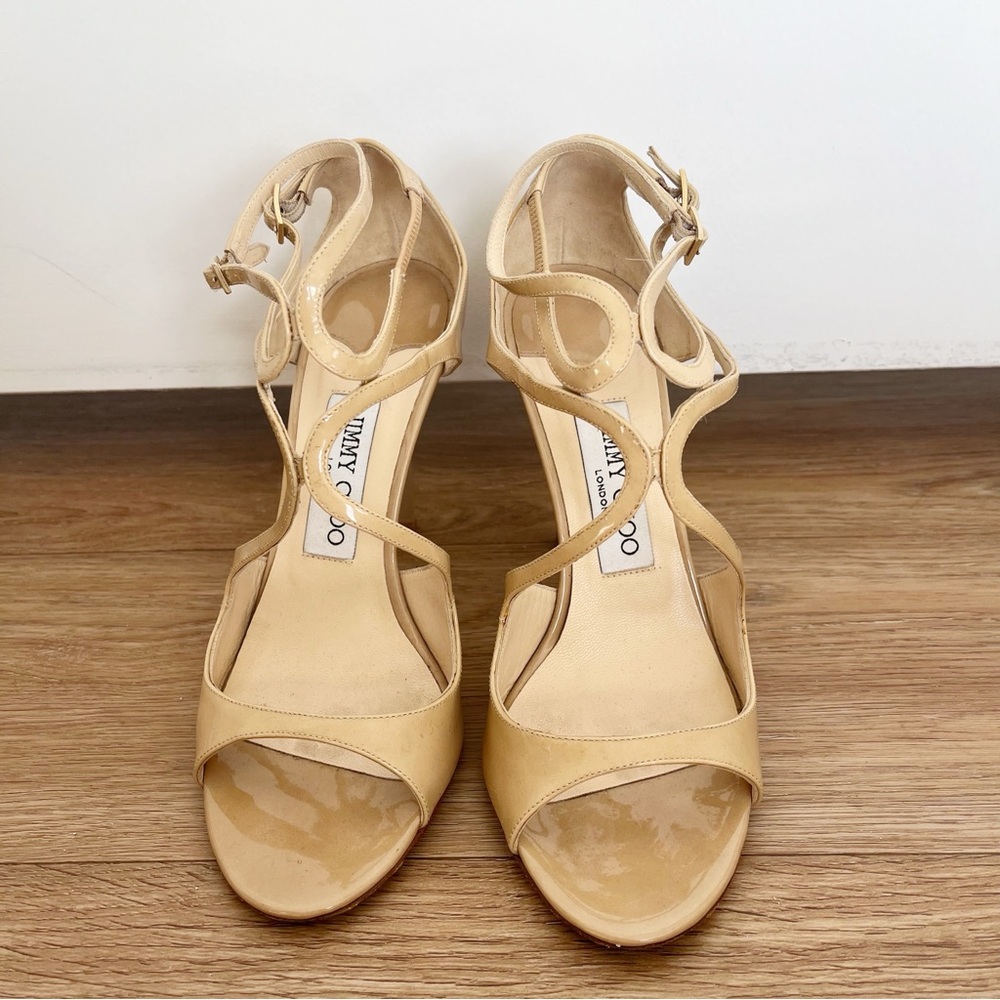 Jimmy Choo Lang Nude Patent Leather Strappy Sandals Heels 37.5 - Picture 2 of 12